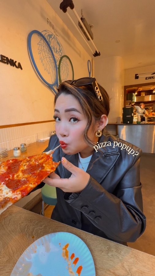 Instagram post by @explorewithdasom for Electrolit. Caption reads: NYC US Open pizza popup? 🫢🍕👇🏼

follow....