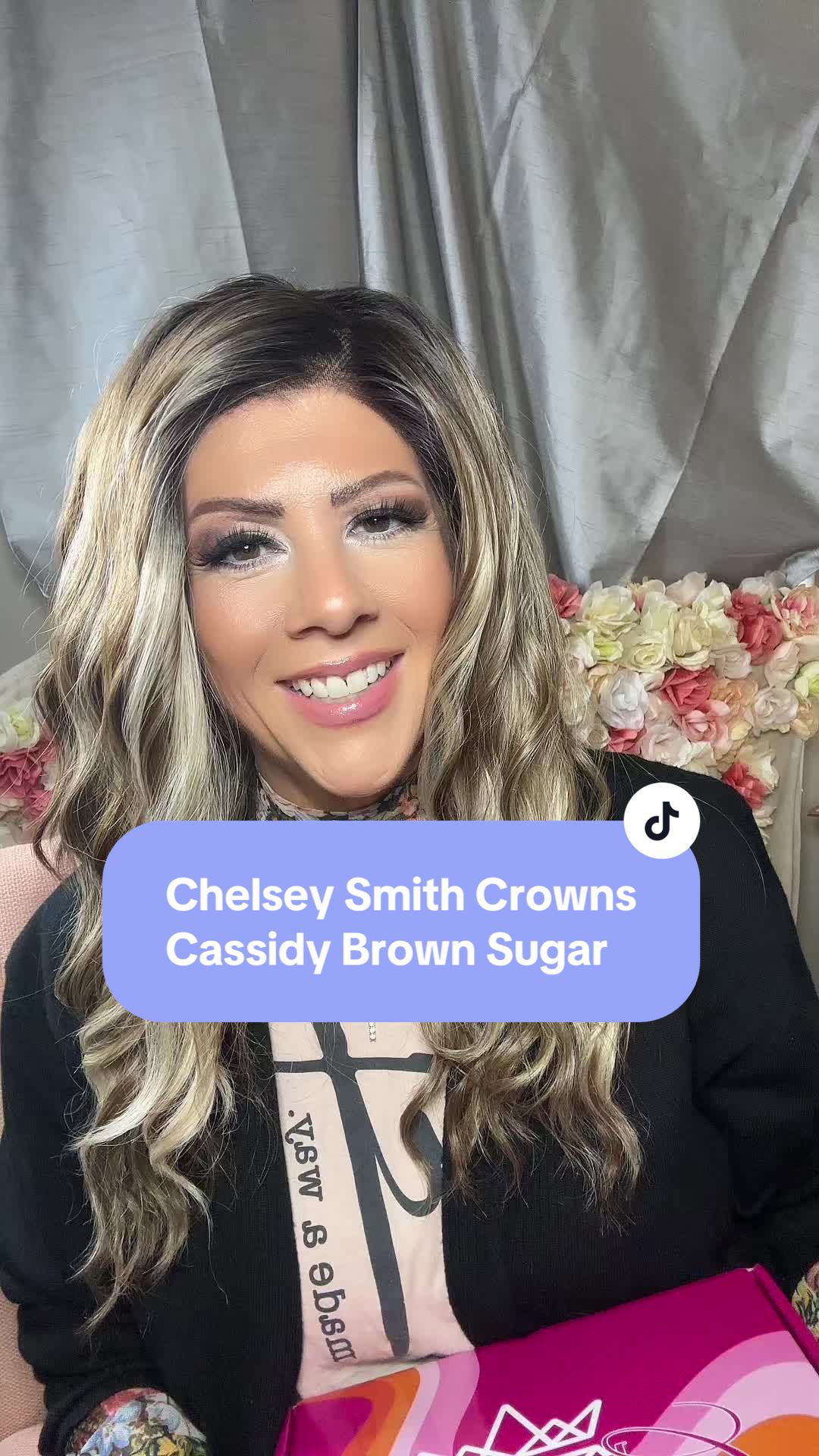 TikTok post by @beautyandcrownsbyapril for Chelsey Smith Cosmetics. Caption reads: Cassidy with lace front bangs in the brown sugar....