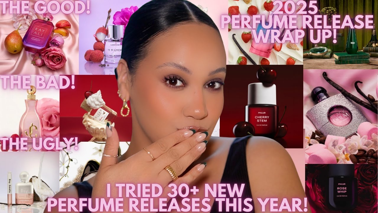 YouTube post by @AmyGlam for Twisted Lily. Caption reads: 2025 NEW PERFUME RELEASES WRAP UP! 🎆 | 30+ NEW....