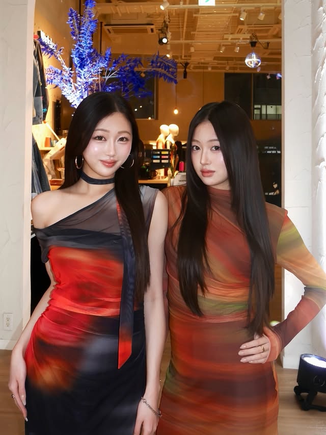 Instagram post by @hannahmina_twins for Desigual. Caption reads: a colorful Christmas night with @desigual 🎄✨ #PR....