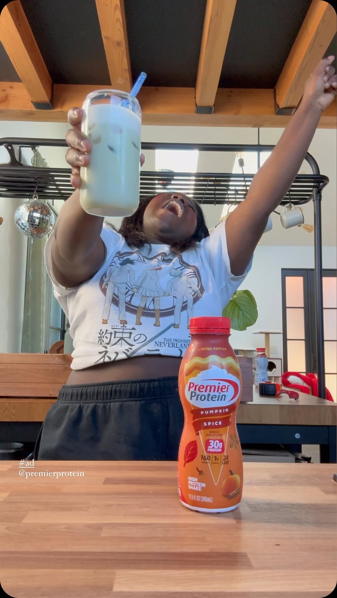 Instagram post by @eliseosafo for Premier Protein. Caption reads: #ad Matcha latte but make it PUMPKIN SPICE! It’s....
