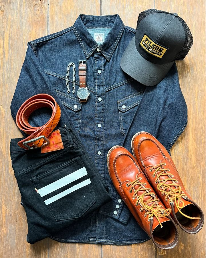 Instagram post by @joey_sam_blue for Red Wing Heritage. Caption reads: Rugged kit of the day, it’s all about quality....