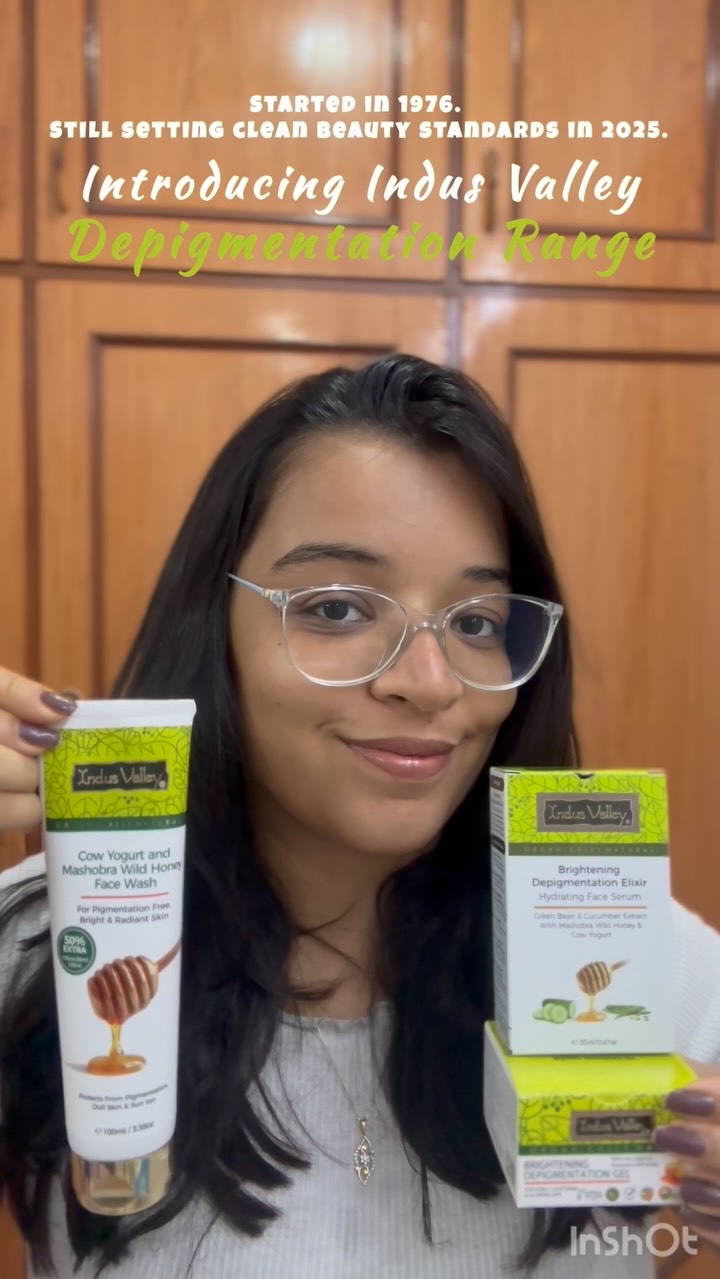 Instagram post by @shivangi_shah05 for Indus Valley Organic Beauty. Caption reads: Say goodbye to pigmentation and hello to
glowing....