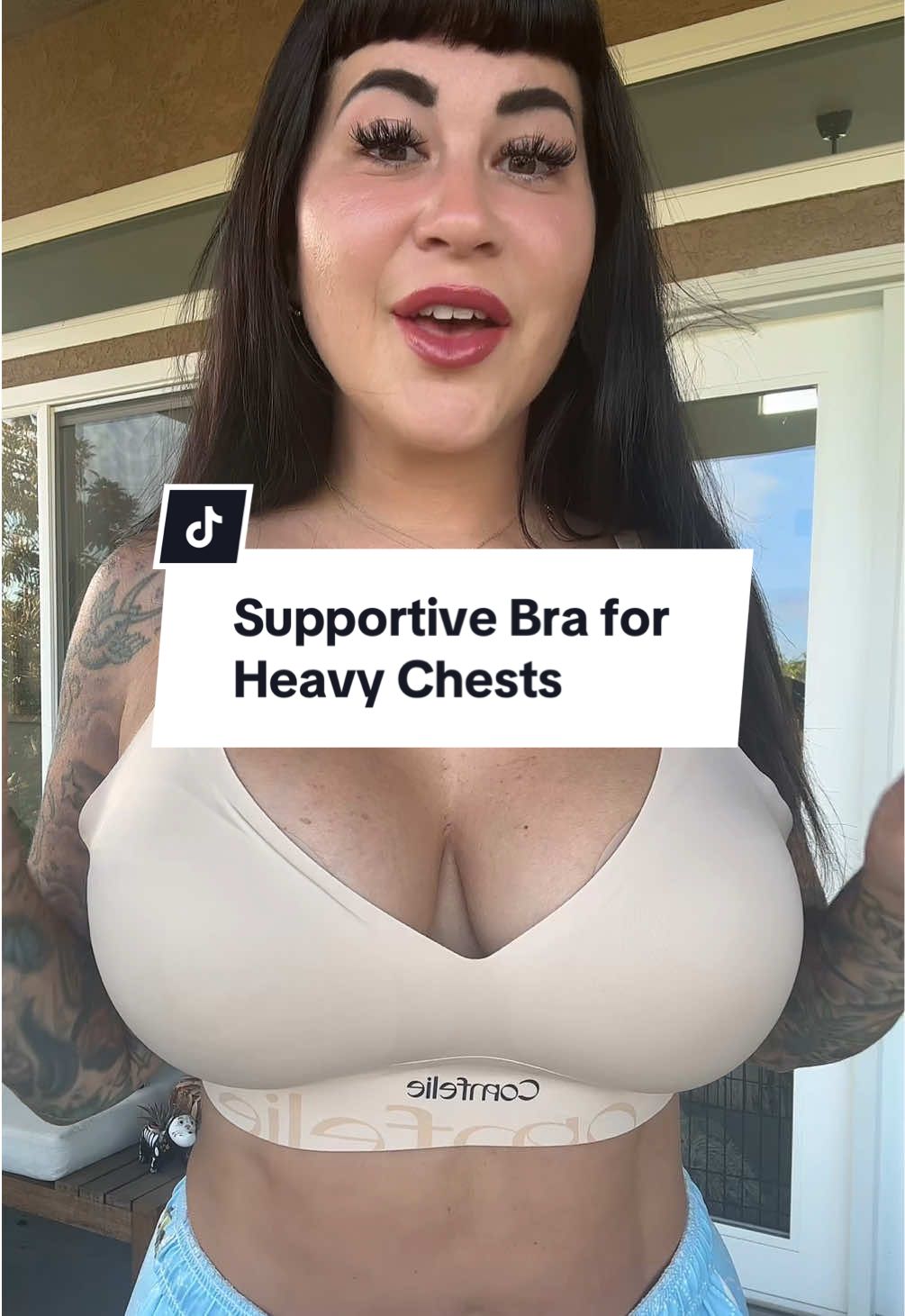 TikTok post by @saffronshops for Comfelie. Caption reads: Support AND comfort for heavy chests!....