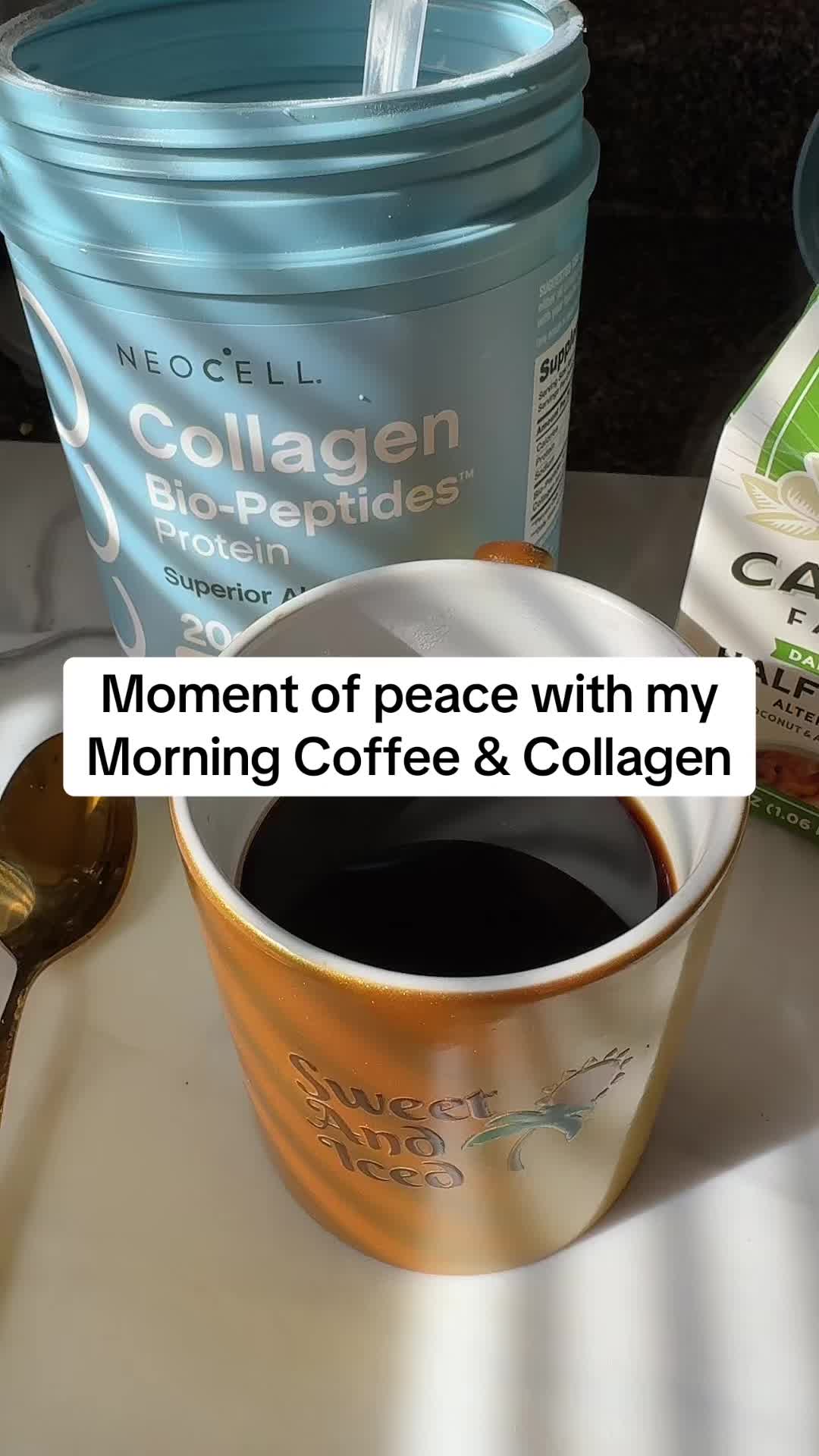 TikTok post by @manze_val for NeoCell. Caption reads: [...] coffee with my collagen #summervibes....