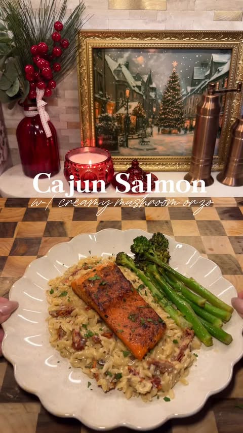 Instagram post by @jennseatz_ for 4th & Heart. Caption reads: ✨ Cajun Salmon with Creamy Mushroom Orzo ✨

I....
