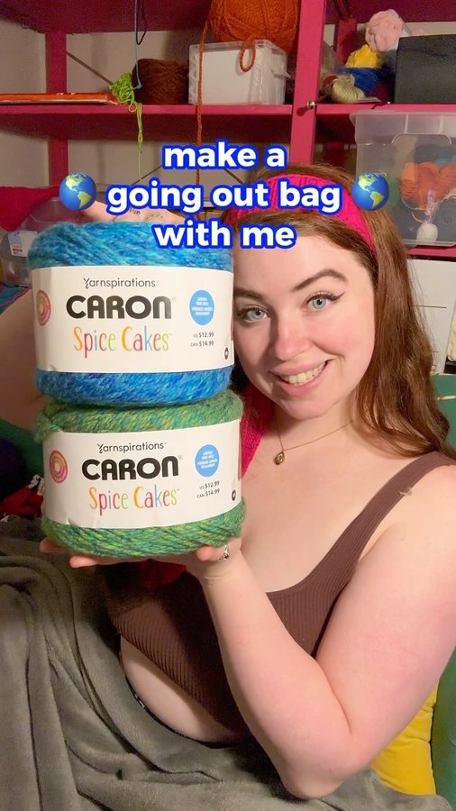 Instagram post by @virginia.k.knits for Yarnspirations. Caption reads: [...] #CaronCakesContest, and tagging....