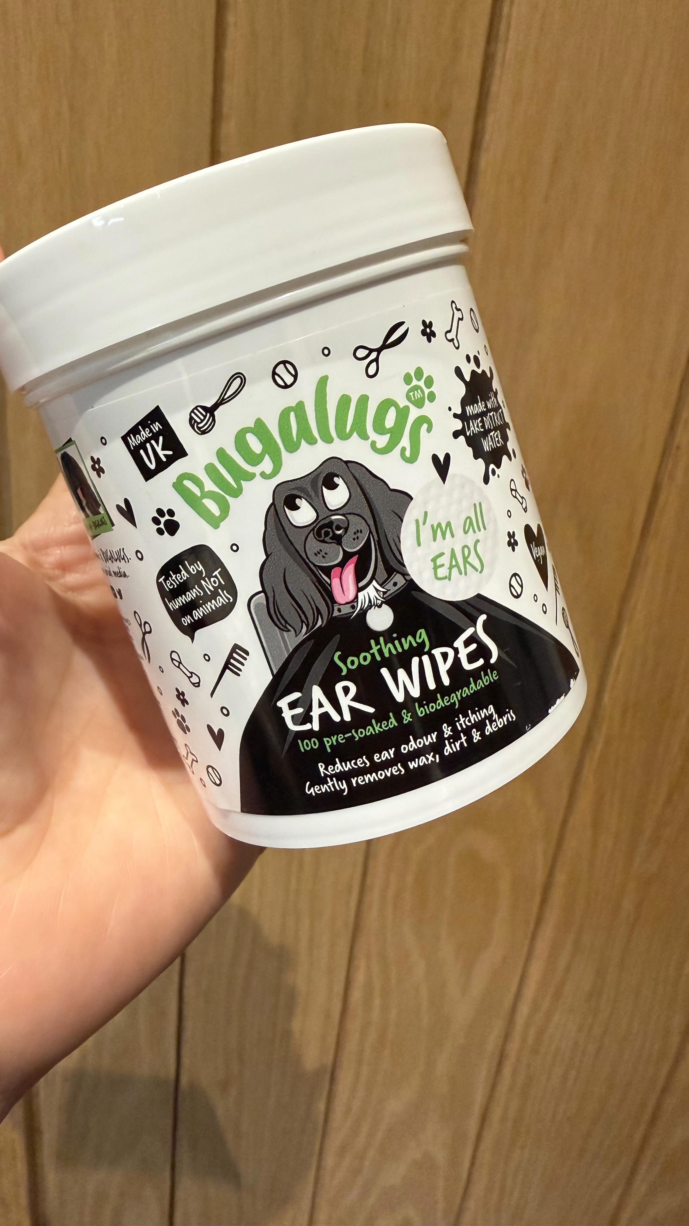 Instagram post by an influencer for Bugalugs Pet Care. Caption reads: [...] and gunky ears…. However, @bugalugspetcare....