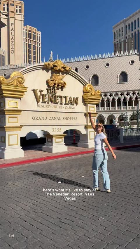 Instagram post by @misscarielizabeth for The Venetian Las Vegas. Caption reads: #ad my perfect idea of a Vegas trip: a luxury stay....