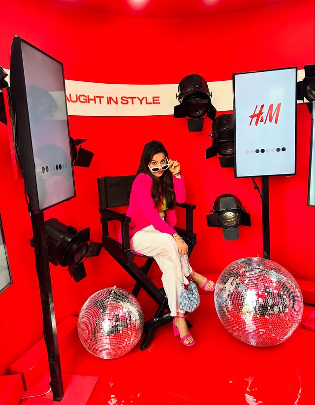 Instagram post by @themeghagupta for Nykaaland. Caption reads: Caught in style with H&M at NykaaLand ✨ Feeling....