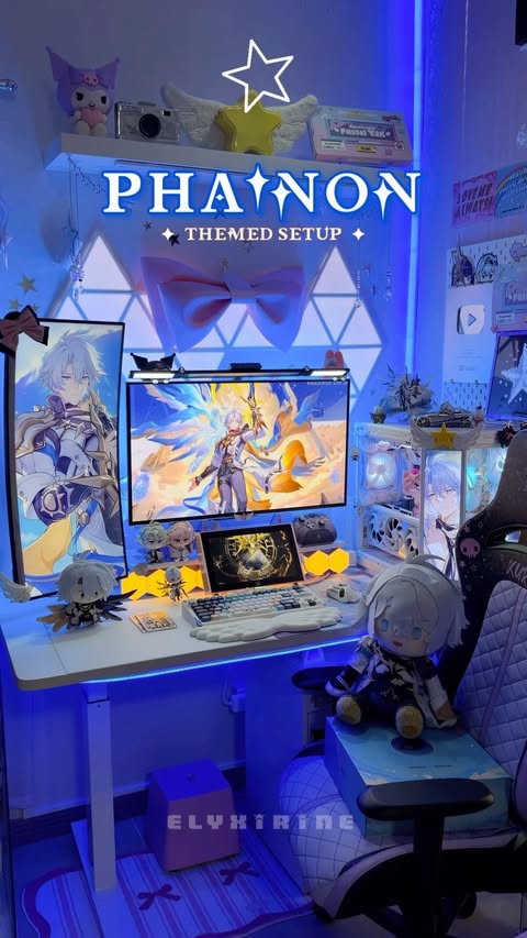 Instagram post by @elyxirine for XPPen. Caption reads: ✦☁️ Phainon themed battlestation ☀️💙 dedicated my....