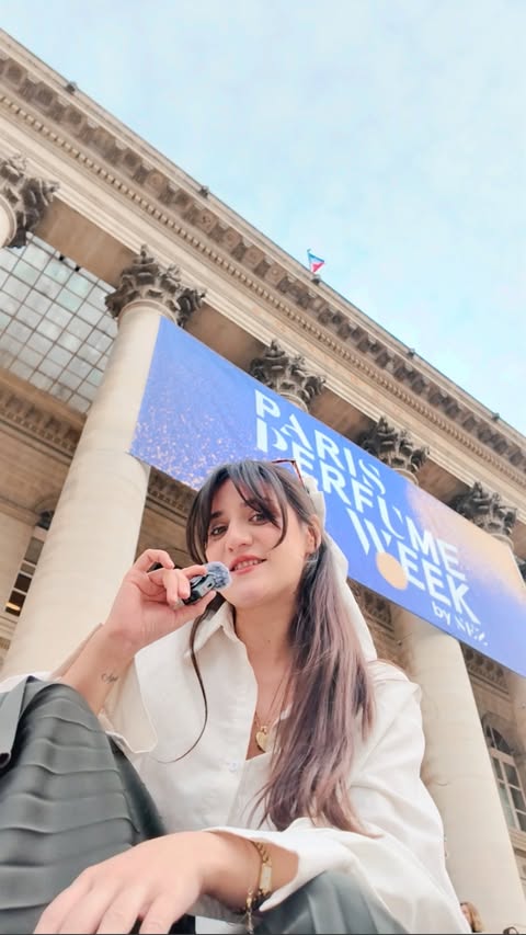 Instagram post by an influencer for dsm-firmenich Fine Fragrance. Caption reads: At @perfumeweek with @dsmfirmenichfine Privileged....
