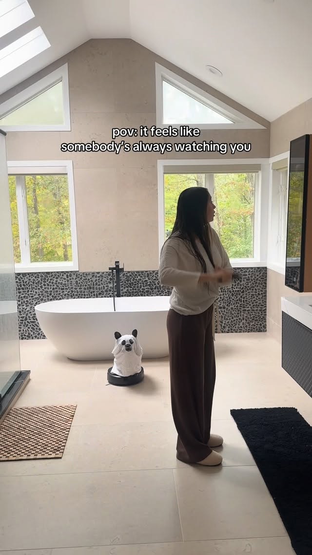 Instagram post by @winstonthefrenchiee_ for iRobot. Caption reads: Do you feel like somebody’s always  watching you?....