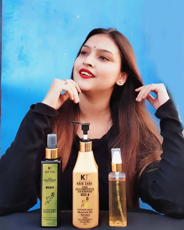 Instagram post by @sonalinandaoffical for KT Professional. Caption reads: KT pre conditioning kit~. @kehairtherapy 1.Use....