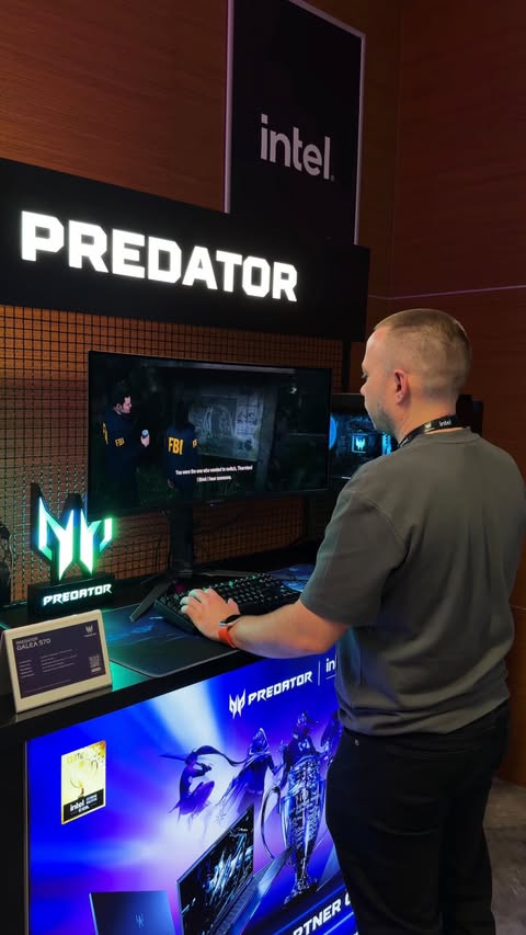 Instagram post by @developeradam for Intel Gaming. Caption reads: [...] for next year 😅💪🏼🫡 #PredatorIEM....
