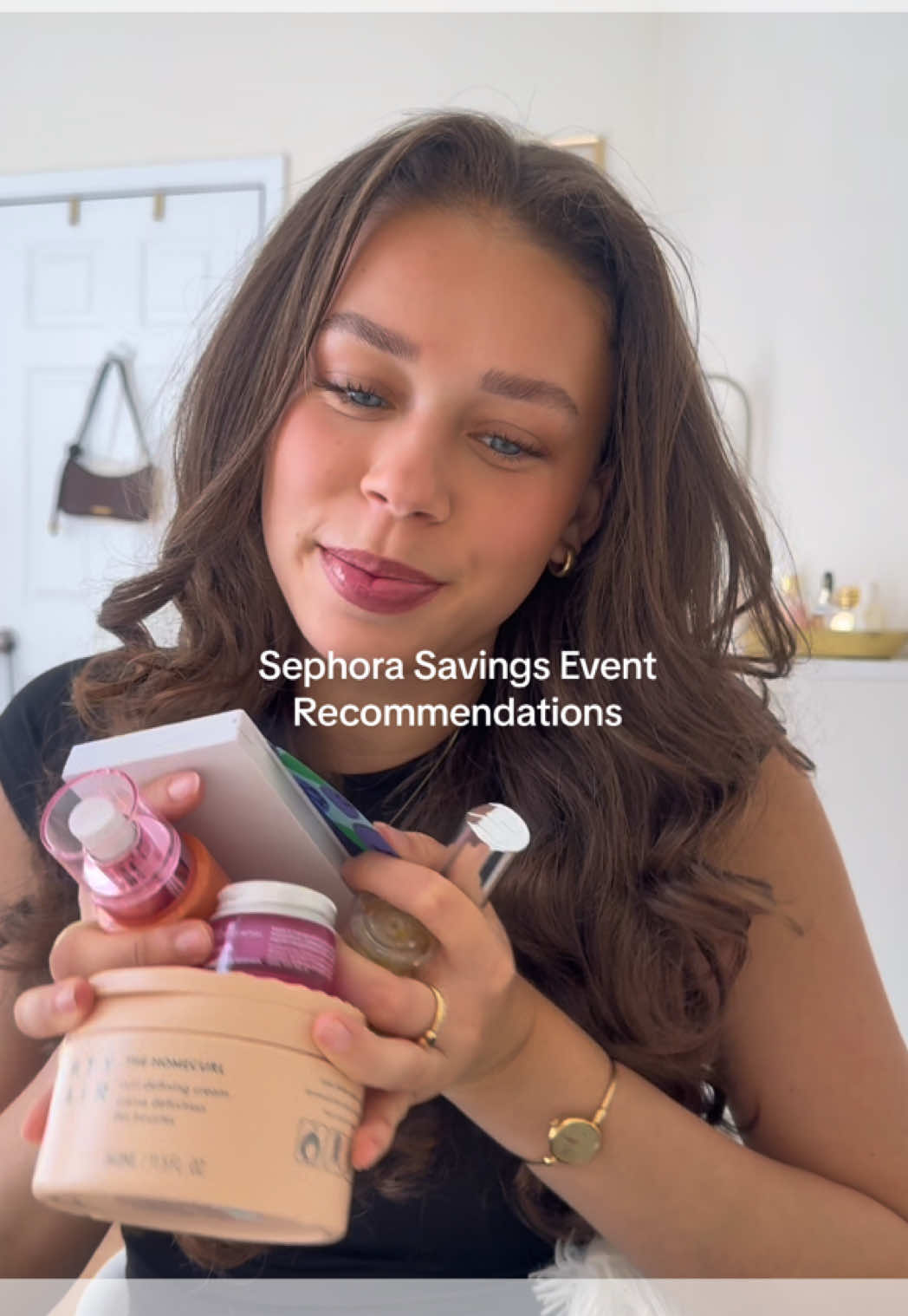 TikTok post by @thatgirlwiththecurlyhair for FarmacyBeauty. Caption reads: The @sephora Savings Event is around the corner on....