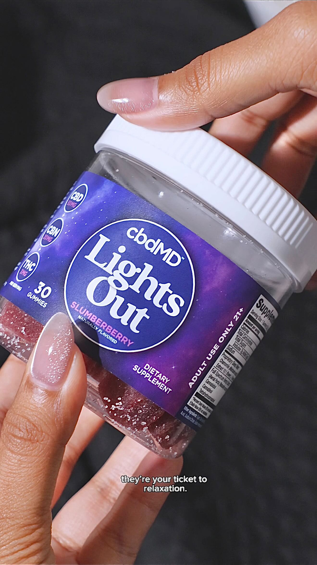 Instagram post by @serene.shares for cbdMD. Caption reads: Lights out, stress gone. 😴✨ Unwind the natural....