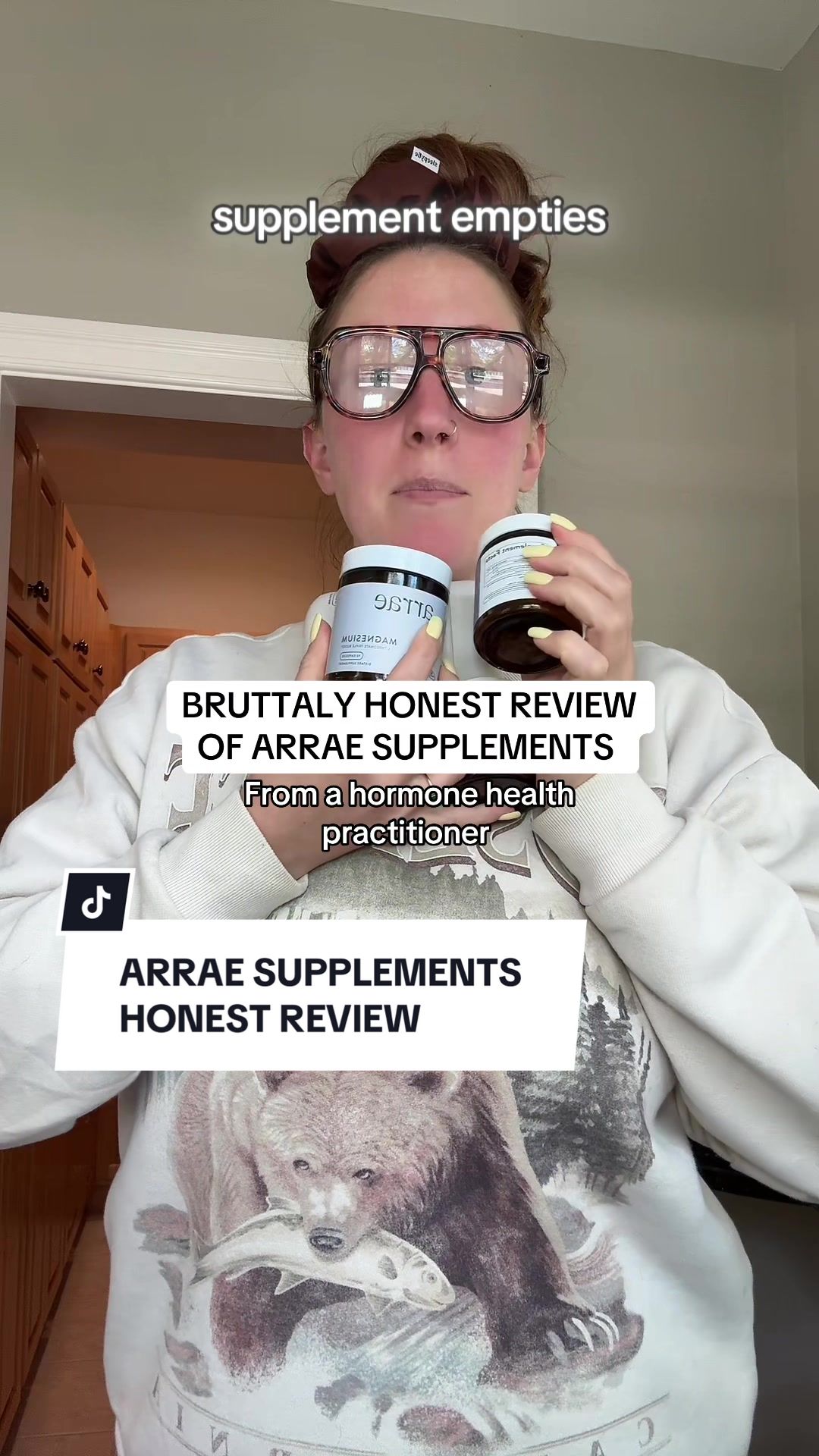 TikTok post by @hormonehealthbabe for Arrae. Caption reads: Brutally honest review of @Arrae supplements —....