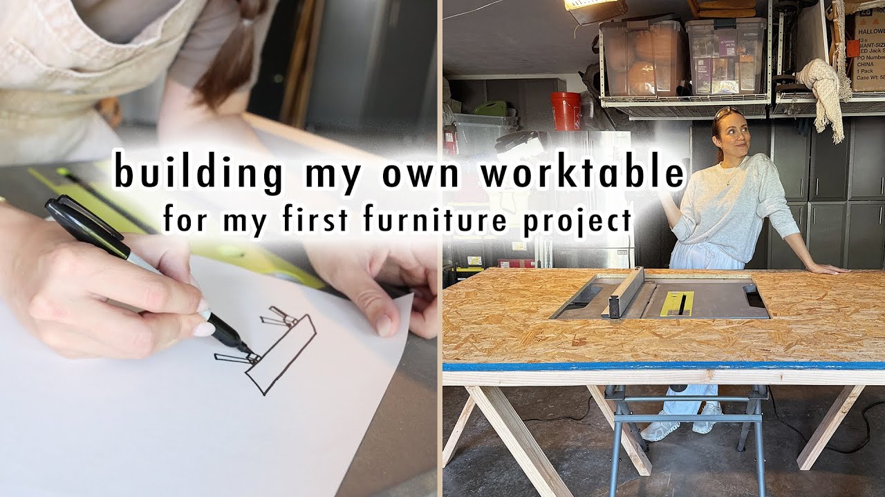 YouTube post by @xomacennavlogs for Fable Home. Caption reads: building my own worktable for my FIRST furniture....