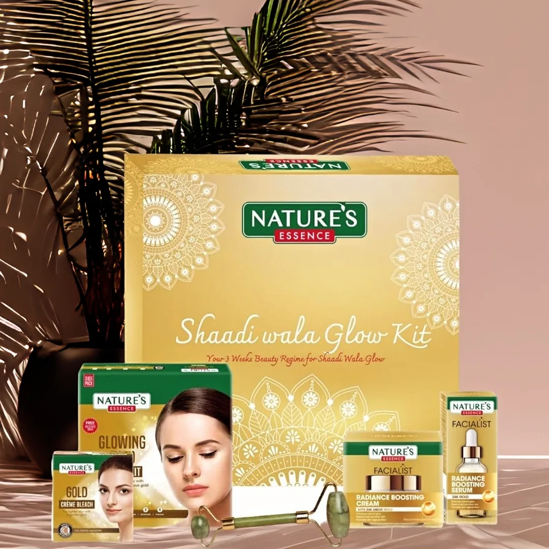 Instagram post by @loveyourself_b_a_e for Nature’s Essence. Caption reads: [...] your glow this #shaadiseason with....