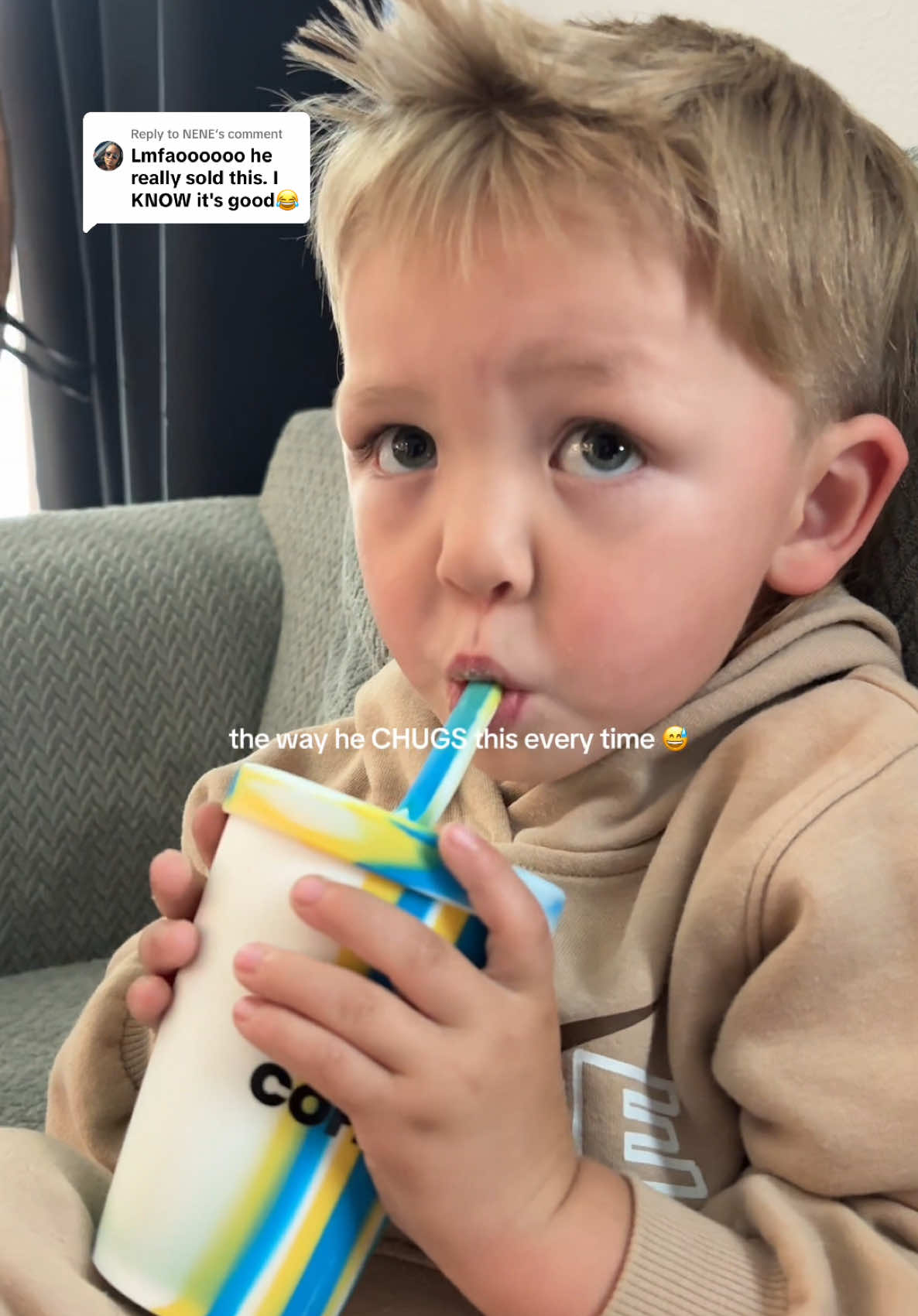TikTok post by @xo_aprilkstarman for Kiid Coffee. Caption reads: Replying to @NENE he’s OBSESSED 😅☕️ @kiidcoffee....