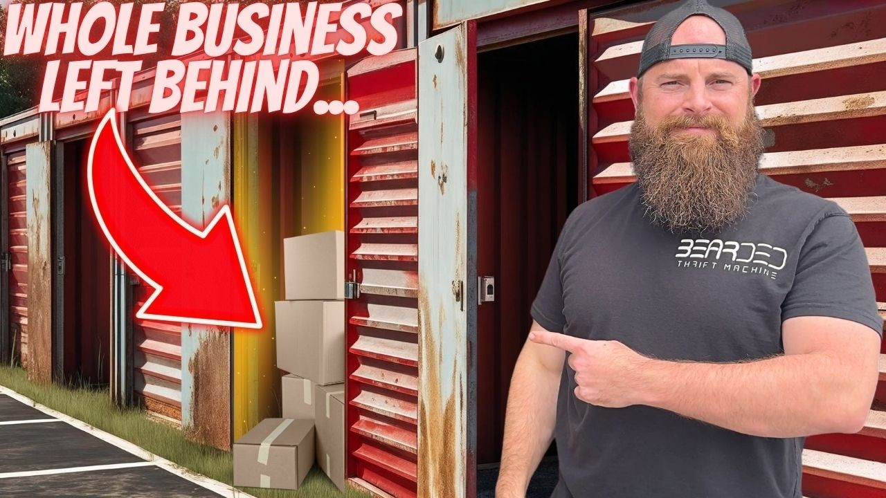 YouTube post by @beardedthriftmachine for Whatnot. Caption reads: Entire business bought for $1000 in abandoned....