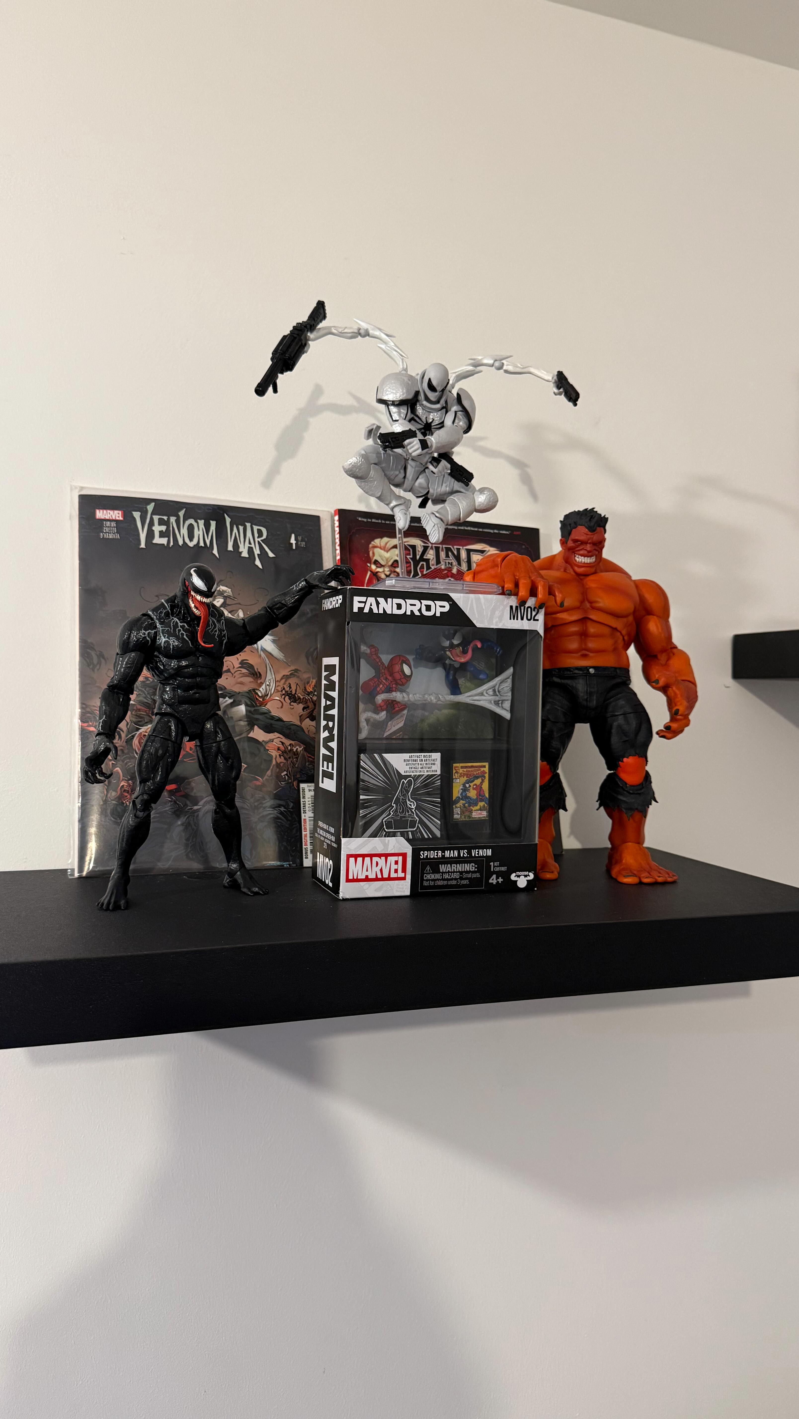 Instagram post by @margaridaax for Zavvi. Caption reads: FANDROP Marvel Collectible Spider-Man vs Venom 🖤....