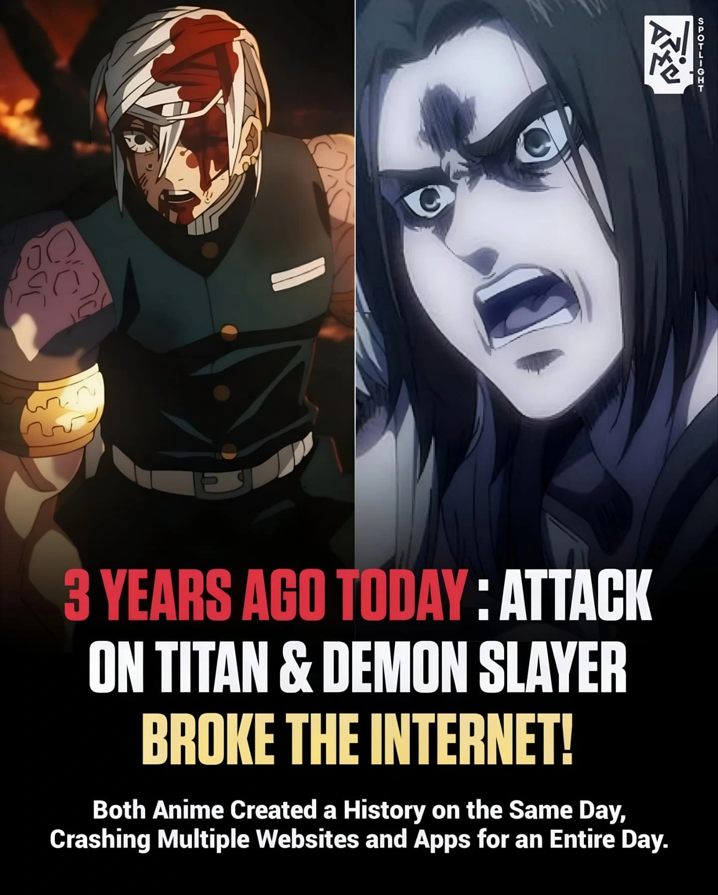 Instagram post by @animespotlight for Levi. Caption reads: 3 Years Ago Today, Anime History Was Created!....