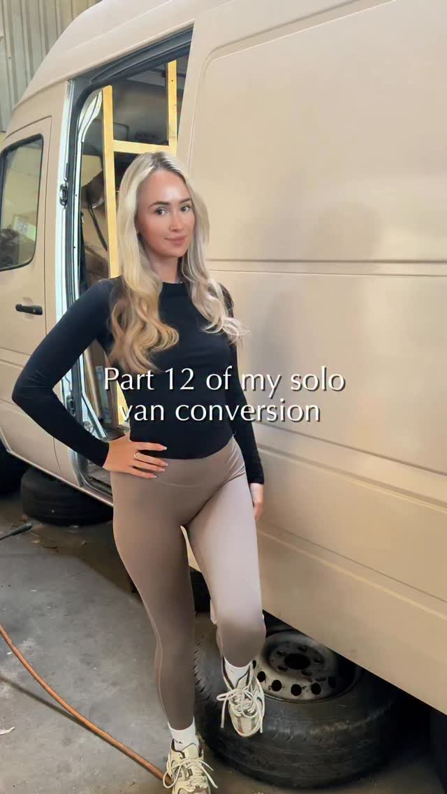 Instagram post by @tiasvanlife for Wickes. Caption reads: Part 12 solo converting my van! Flooring install....