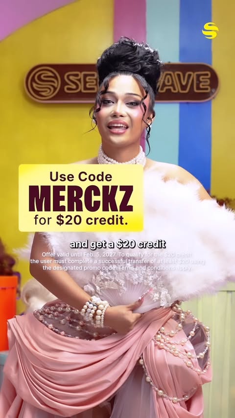 Instagram post by @merckzz_ for Sendwave. Caption reads: [...] $20 credit on your first transfer with....