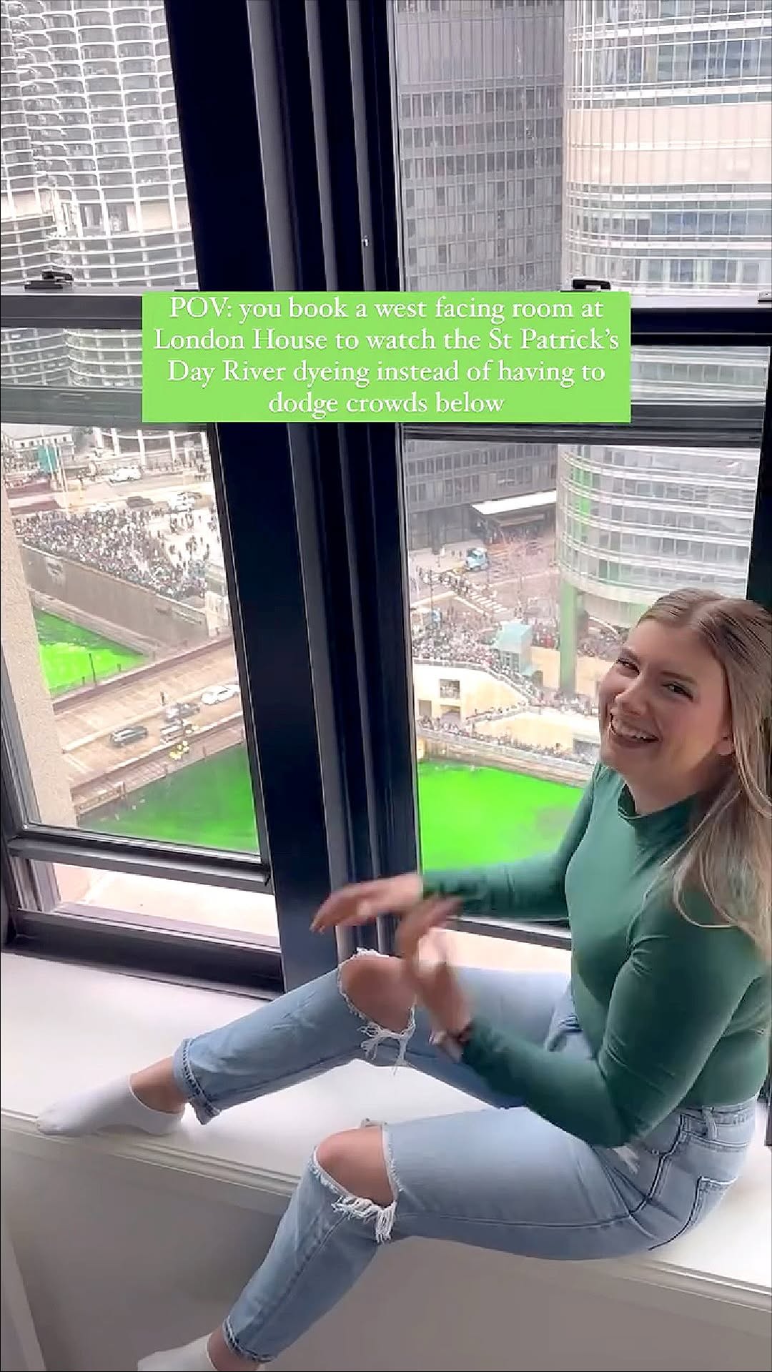 Instagram post by @coriinthecity for Visit The USA. Caption reads: It’s not St. Patrick’s Day in Chicago, Illinois....