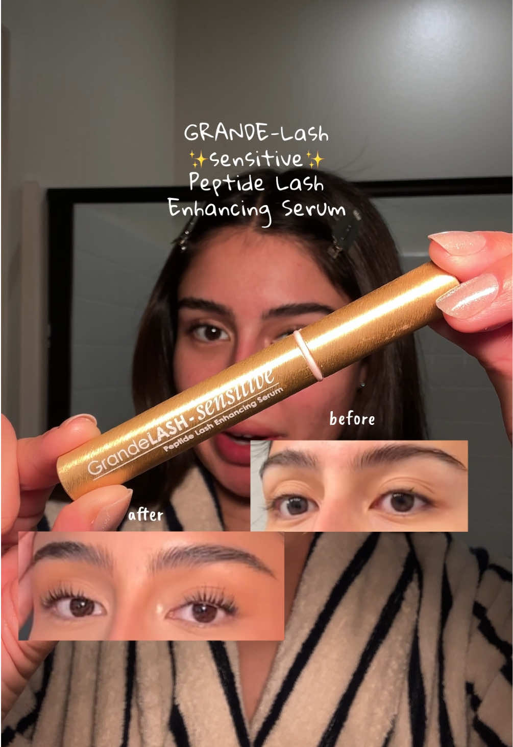 TikTok post by @catalinatrez for Grande Cosmetics. Caption reads: [...] that changed my natural lash game 😭💗✨....