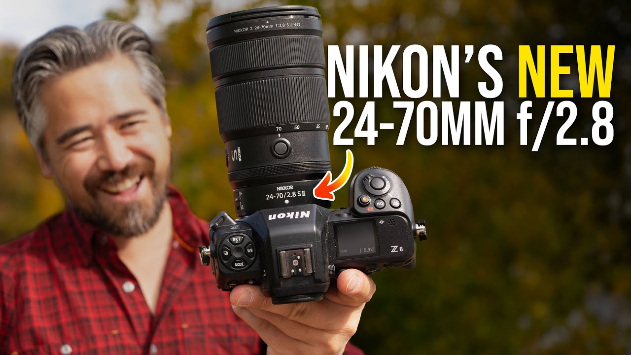 YouTube post by @PetaPixel for Audiio. Caption reads: Nikon's New 24-70mm f/2.8 II Somehow IMPROVED on....
