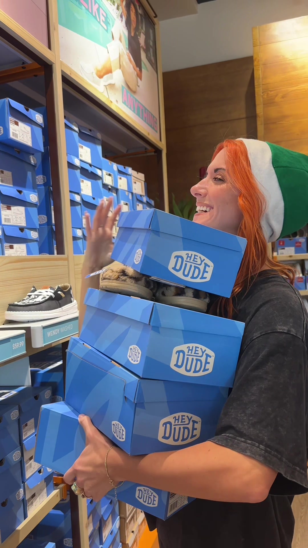 TikTok post by @charitybaroni for HEYDUDE shoes. Caption reads: didn’t expect to leave @HeyDude with multiple....