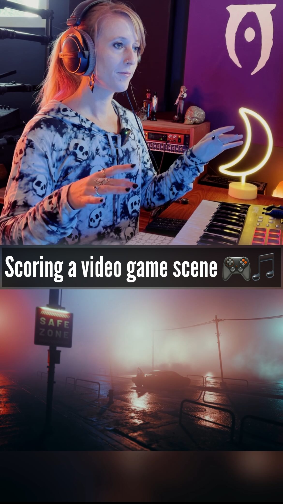 Instagram post by @megmcduffee for Spitfire Audio. Caption reads: [...] a moody video game scene using....