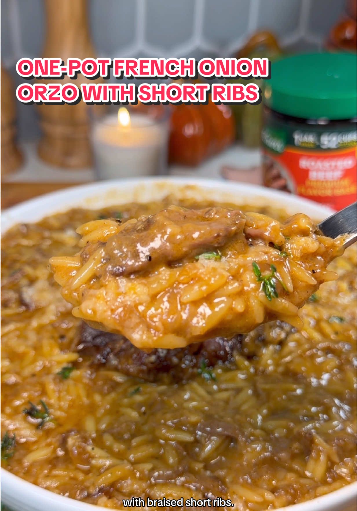TikTok post by @heresyourbite for Knorr. Caption reads: One-Pan, Creamy French Onion Orzo with Braised....