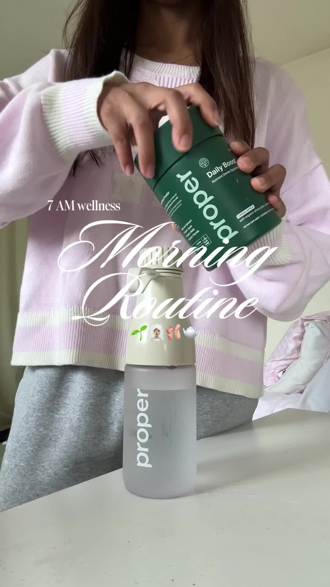 TikTok post by @anahmarieee for Proper Health. Caption reads: morning wellness habits 🌱🫖 @Proper Health....