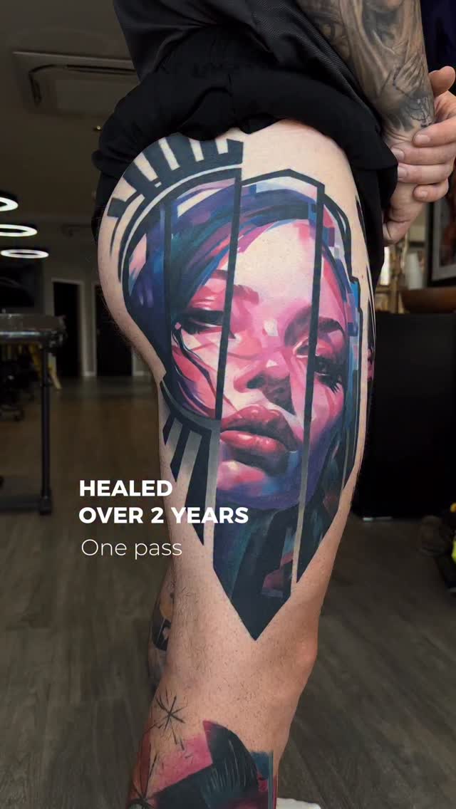 Instagram post by @harristattooart for Killer Ink Limited. Caption reads: Healed thigh piece I did over two years ago.
Only....
