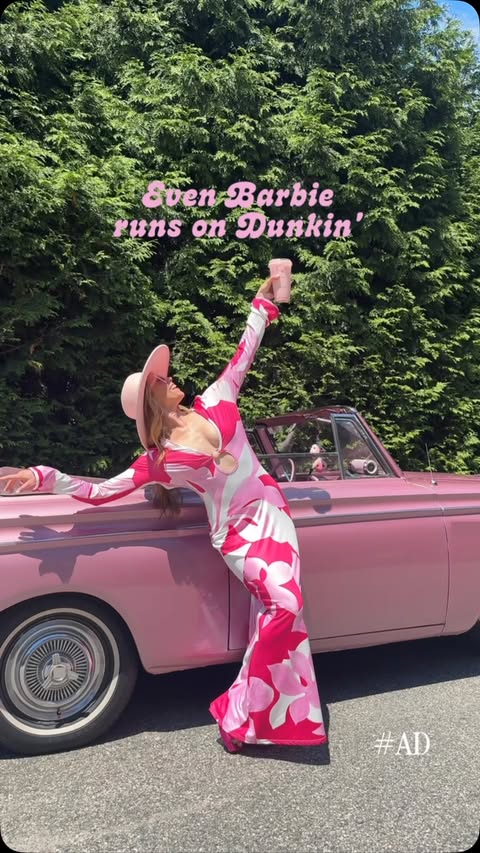 Instagram post by @emilyscottjames for Barbie. Caption reads: Even @barbie runs on Dunkin'. If there's one thing....