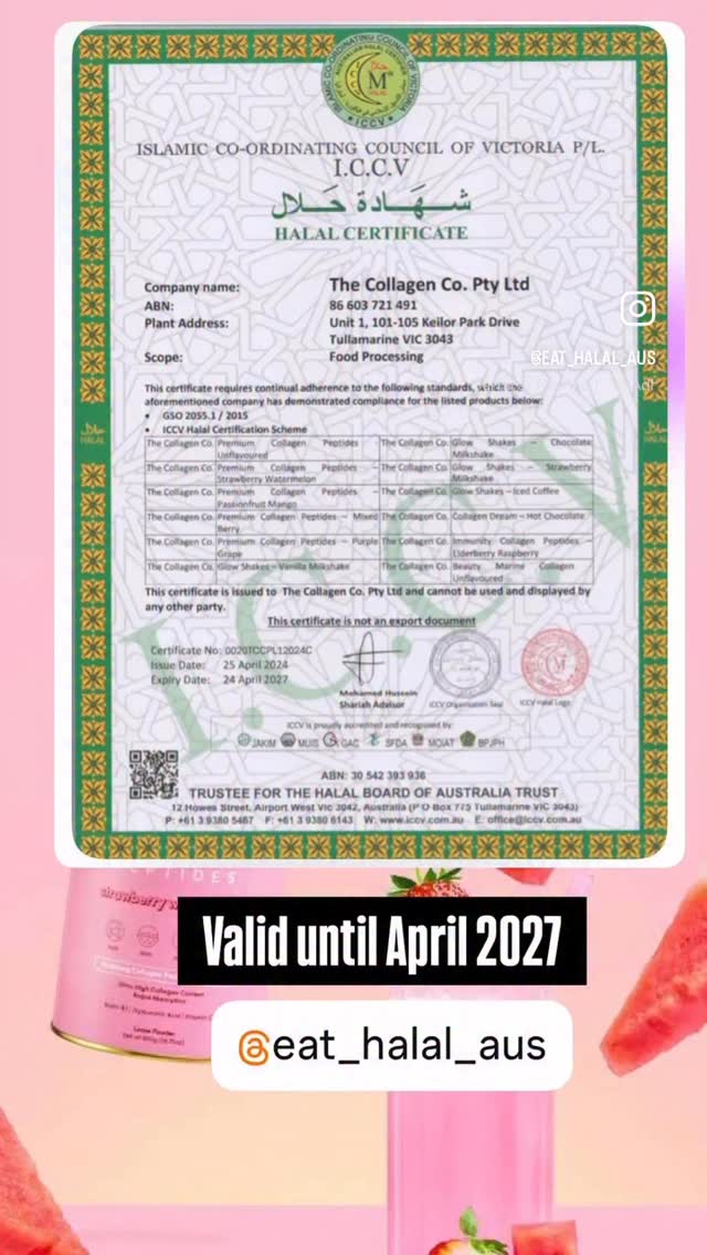 Instagram post by @eat_halal_aus for The Collagen. Caption reads: @thecollagen.co halal certified until 2027

 ....