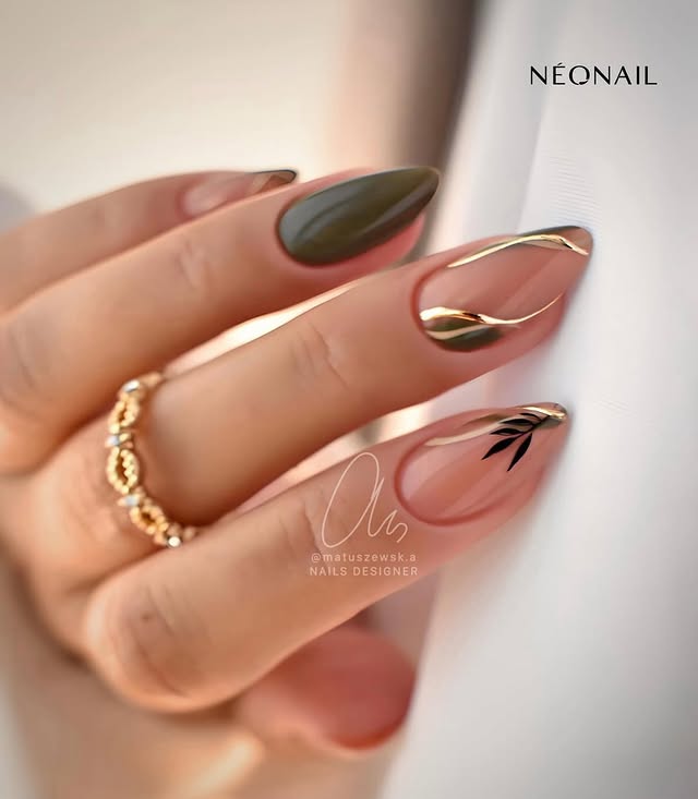 Instagram post by @matuszewsk.a for NEONAIL Poland. Caption reads: Builder Gel Natural Peach. Zielona hybryda POETRY....