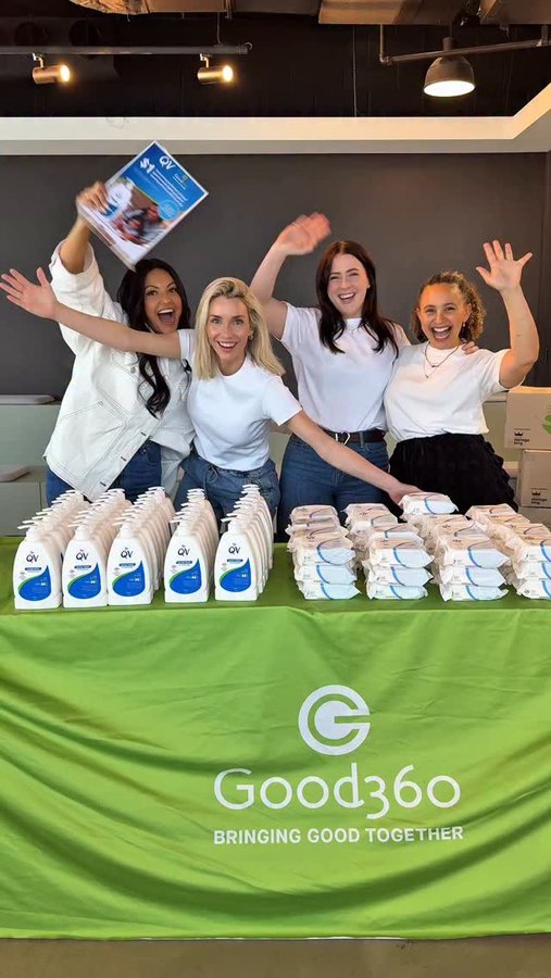 Instagram post by @sarahmariefahd for QV Skincare. Caption reads: I spent the morning with Good360 helping pack....