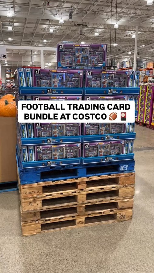 Instagram post by @costcofam4u for Panini America. Caption reads: 🏈 NEW at Costco — the 2025 Donruss NFL Trading....