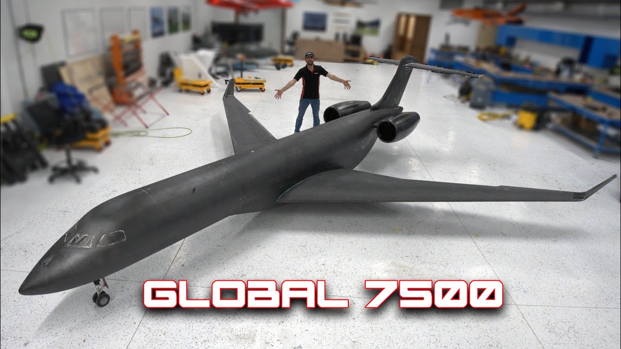 YouTube post by @RamyRC for PCBWay. Caption reads: Building a giant scale Global 7500 RC private jet,....