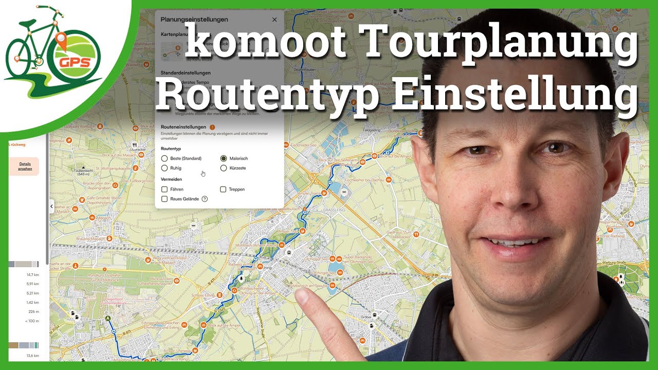 YouTube post by @GPSRadler for komoot. Caption reads: New komoot route settings 🔥 How to plan the....