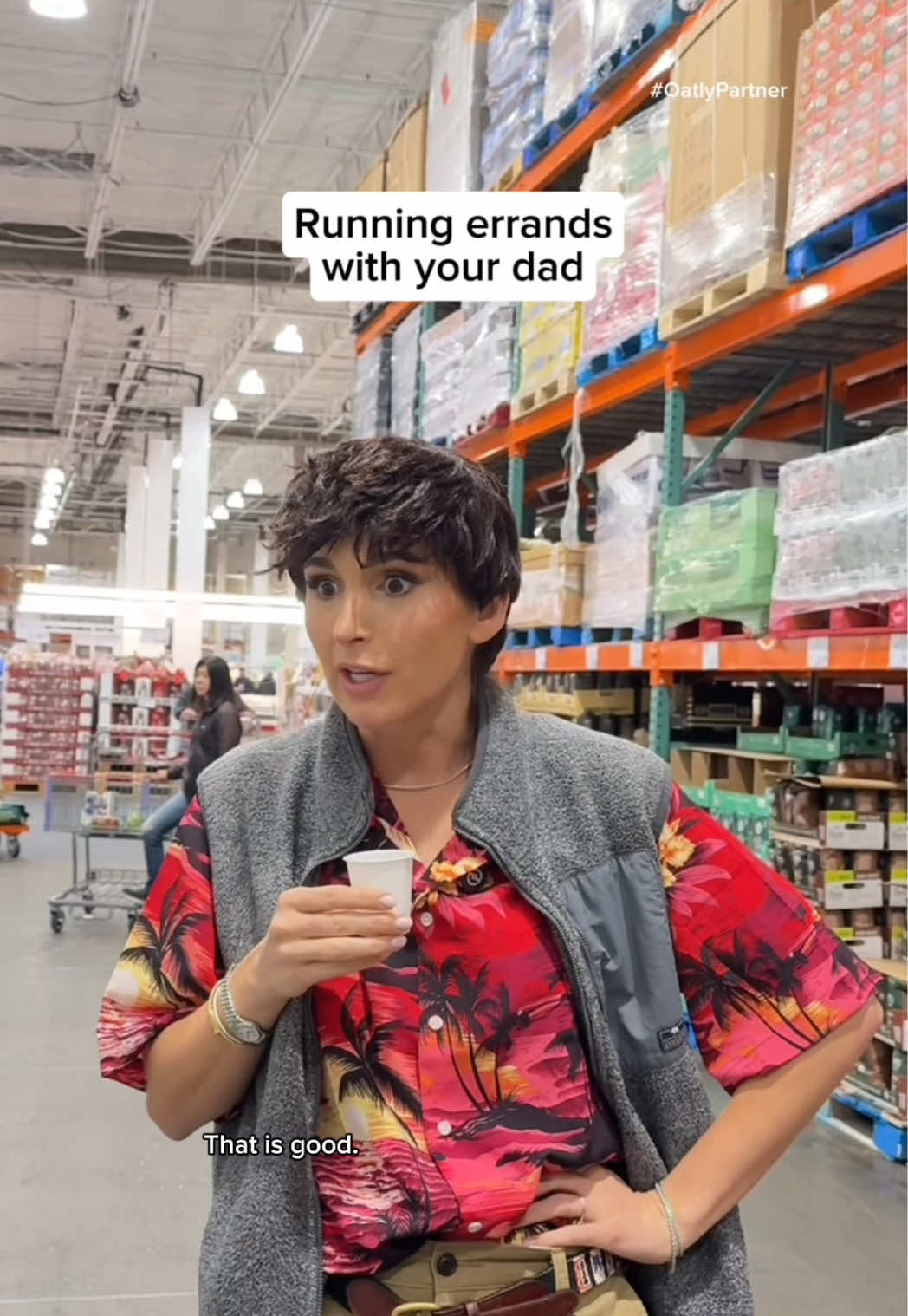 TikTok post by @corporatenatalie for Oatly. Caption reads: We’re not paying for a bag! I have some in the....