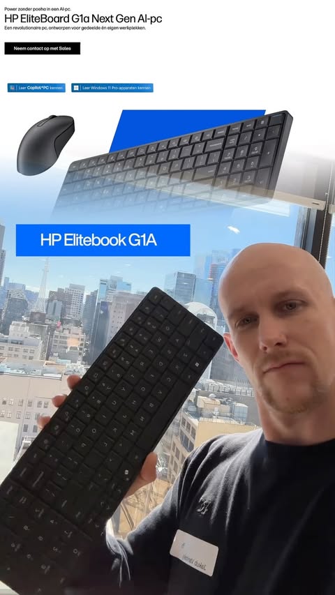 Instagram post by @webbyvaris for AMD. Caption reads: [...] HP EliteBoard G1a, a keyboard with a full....