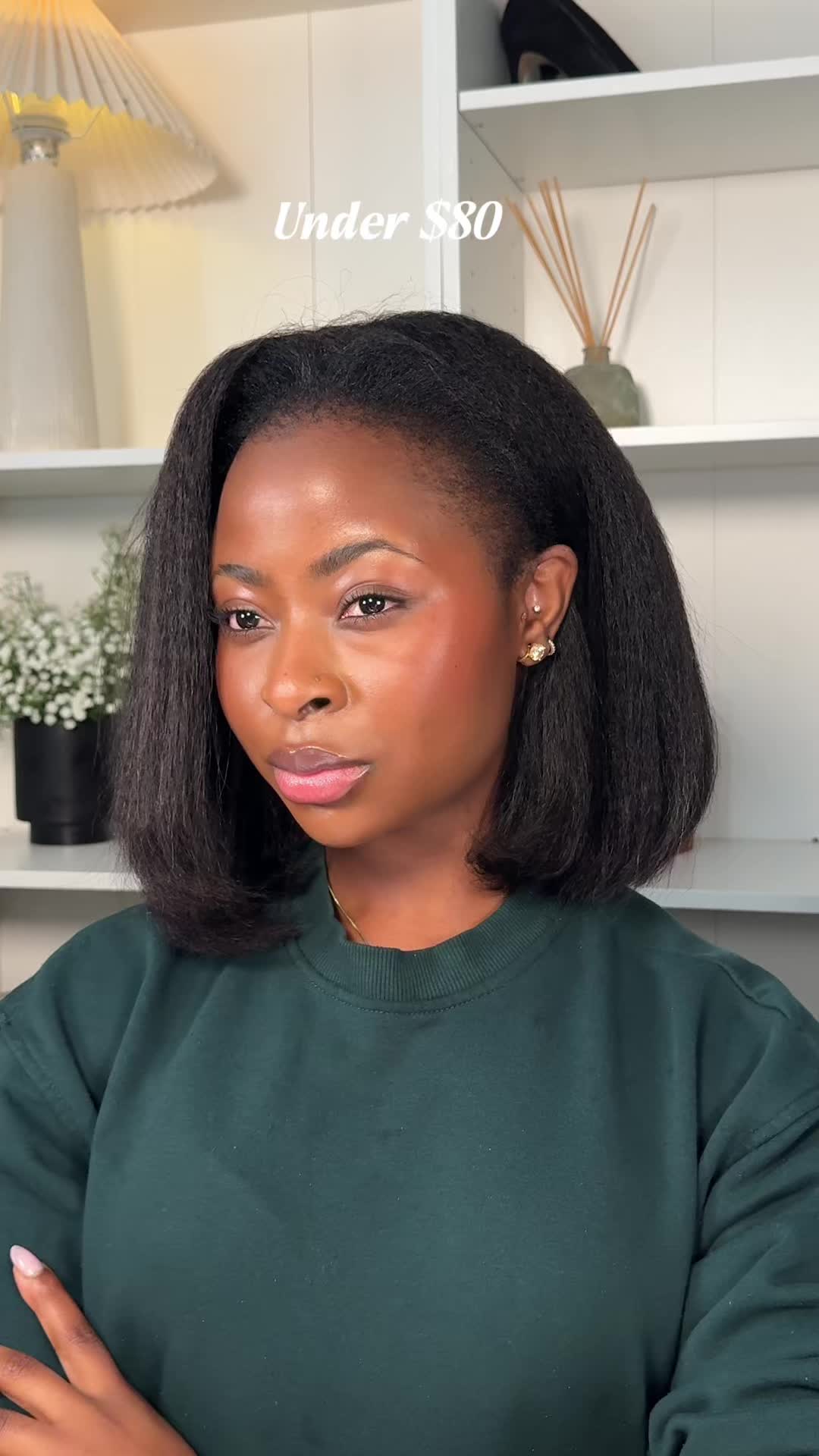 TikTok post by @takwelifestyle for Celie Hair. Caption reads: [...] bob for summer 🤩 12” kinky half wig....