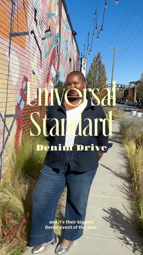 Instagram post by @allison_mills for Universal Standard. Caption reads: This is your sign to upgrade your denim drawer.....