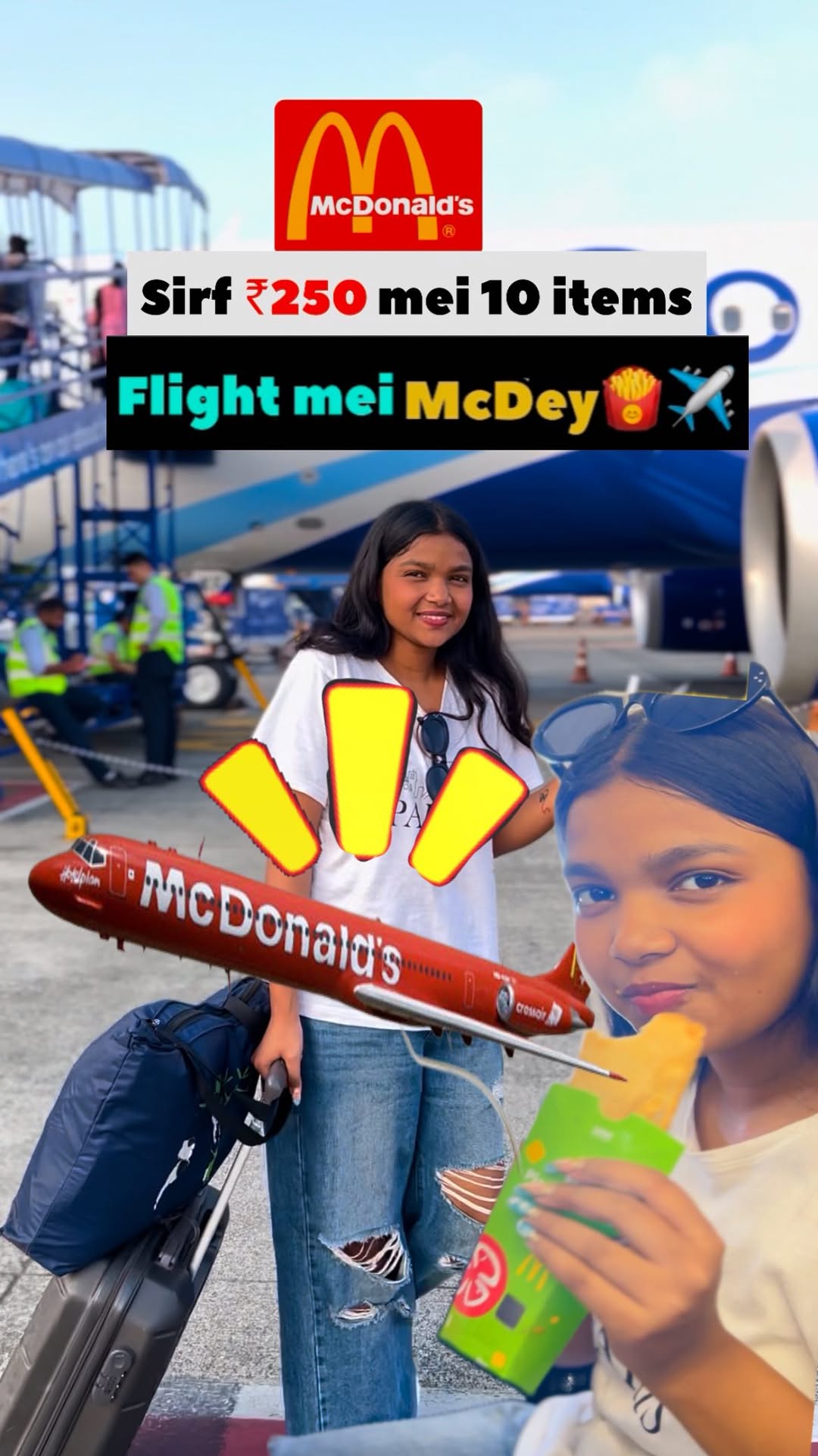 Instagram post by @hungry_duoo for McDonald's India. Caption reads: ✈️Flight mei Mcdey🍟
.
⏰ #ad Running late?  No....